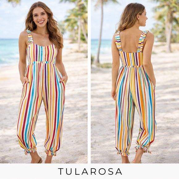 Anthropologie Tularosa Stripe Ruffle Strap and Hem Jumpsuit EUC Boho Size S - Picture 2 of 15